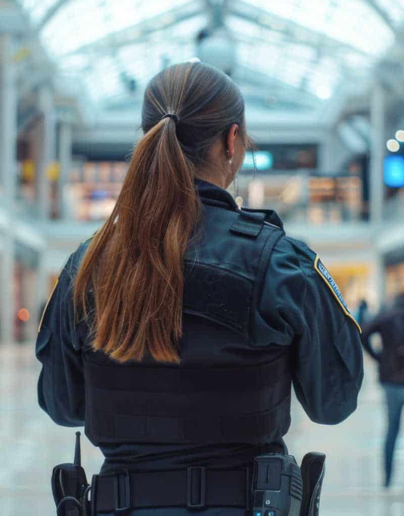 A female security officer patrolling a busy shopping mall, ensuring a safe environment for shoppers and businesses through professional security services.