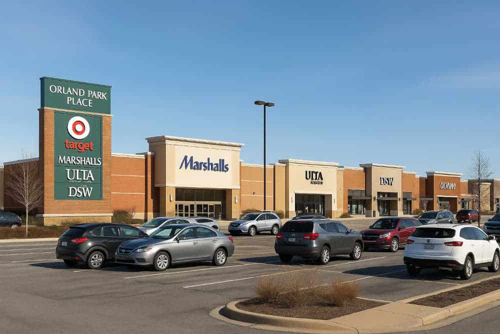 Wide view of Orland Park Place shopping center in Illinois featuring storefronts like Marshalls, ULTA Beauty, DSW, and LOFT, with cars parked in a busy lot under a sunny blue sky.