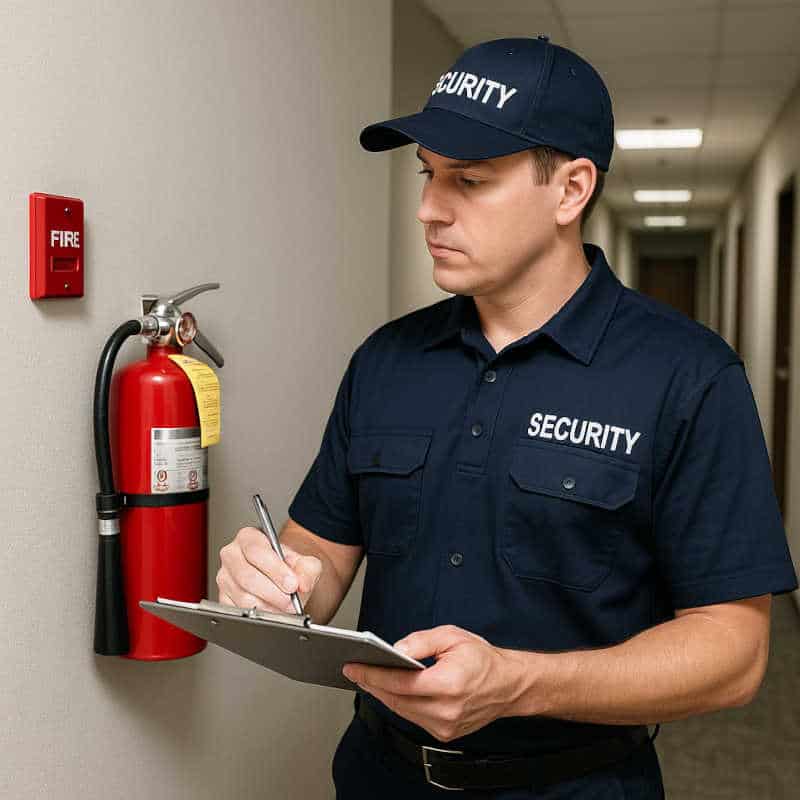 Security guard in a navy uniform standing in a hallway next to a fire extinguisher and alarm, writing on a clipboard during a fire watch inspection in a commercial building.