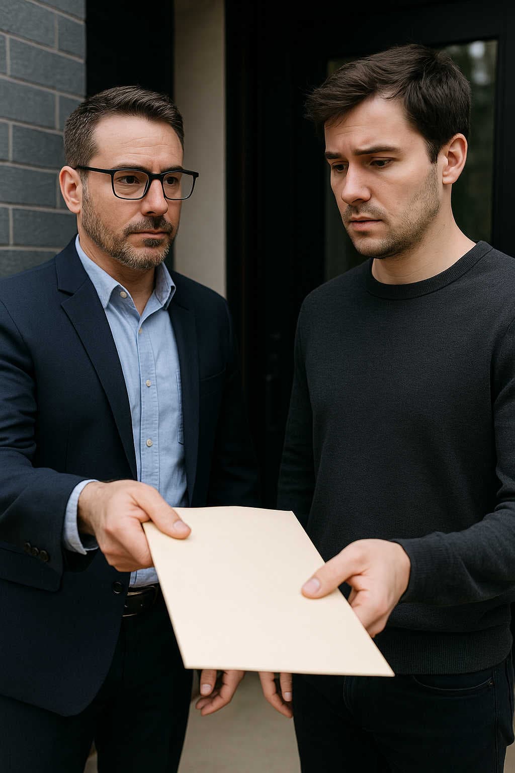 A professionally dressed man in a navy suit hands a blank legal envelope to a surprised young man outside a modern building, illustrating the moment a special process server delivers court documents.